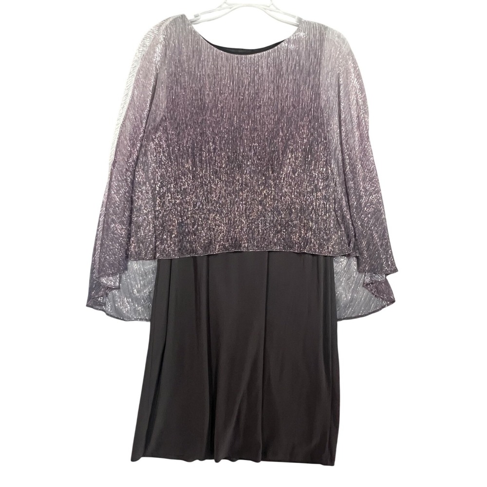 SLNY Women's Size 12 Black Silver Purple Ombre Shimmer Pleated Cape Dress